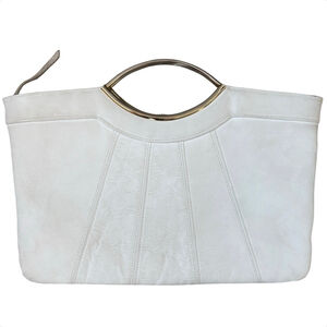 Vintage 80s 90s Cream Gold Eye Handle Clutch Purse Retro Statement Bag